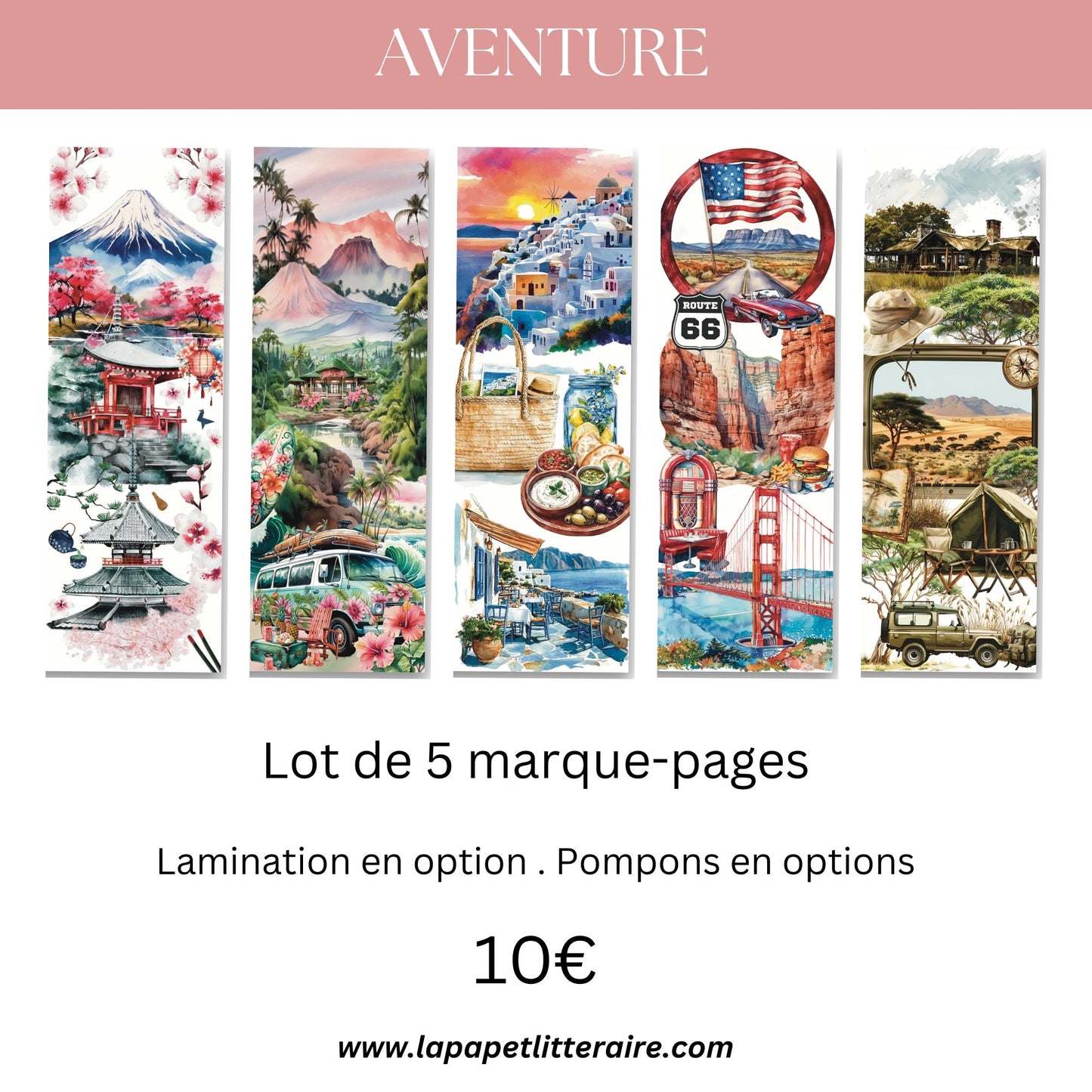 Lot 5 marque - pages été Aventure – Japon, Hawaï, Santorini, USA, Safari| Papeterie littéraire - La Papet' Littéraire