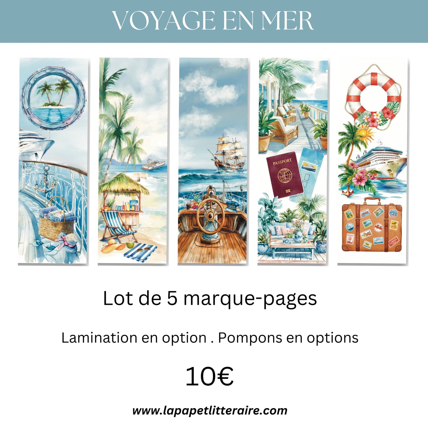 Lot 5 marque - pages été – Voyage en mer, illustrations marines | Papeterie littéraire - La Papet' Littéraire