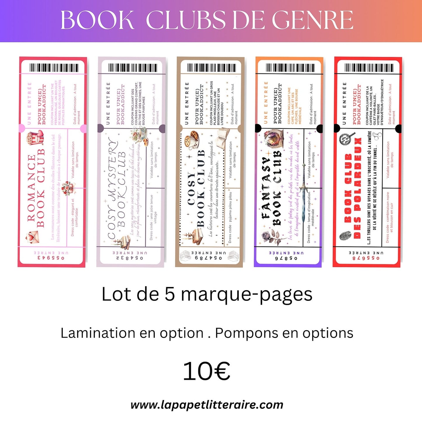 Lot de 5 marque - pages Book Clubs – Genres littéraires : romance, cosy mystery, fantasy, polar - La Papet' Littéraire