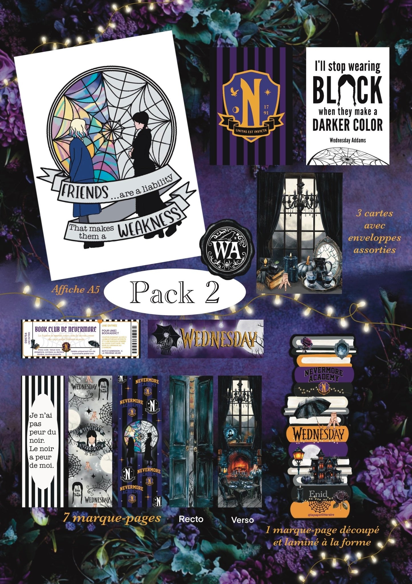Pack Collector Wednesday Addams – 8 marque - pages + 3 cartes + affiche A5 - La Papet' Littéraire