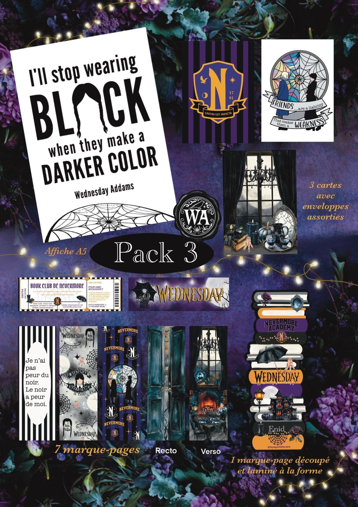 Pack Collector Wednesday Addams – 8 marque - pages + 3 cartes + affiche A5 - La Papet' Littéraire