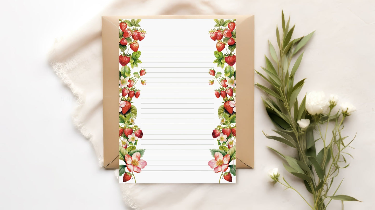 Papier à lettre à imprimer Fraises du jardin - La Papet' Littéraire