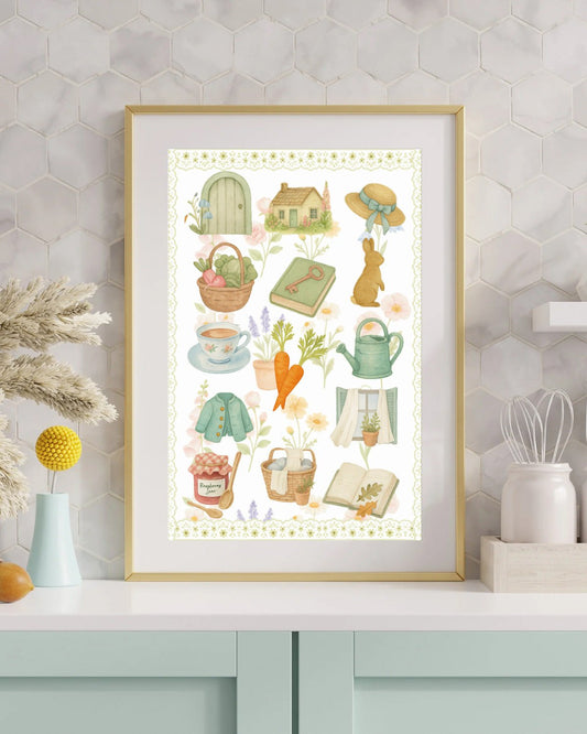 Affiche Beatrix Potter – Objets illustrés du terrier Pierre Lapin - La Papet' Littéraire