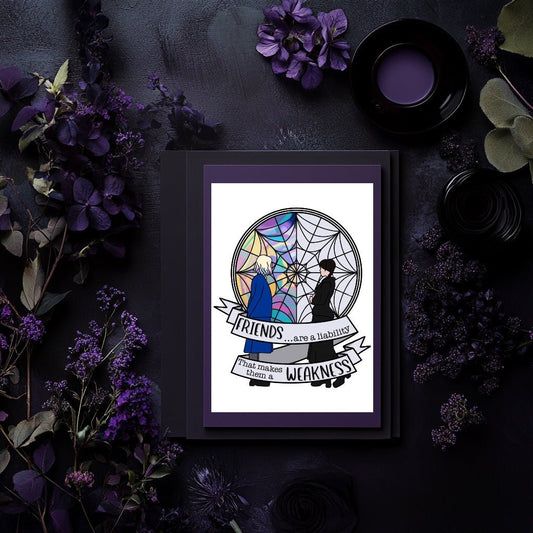 Affiche & Carte Wednesday Addams – Citation vitrail gothique “Friends are a liability” - La Papet' Littéraire