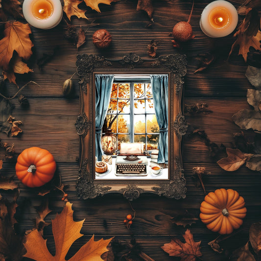 Affiche ou carte – Bureau d’écrivain & fenêtre d’automne - La Papet' Littéraire