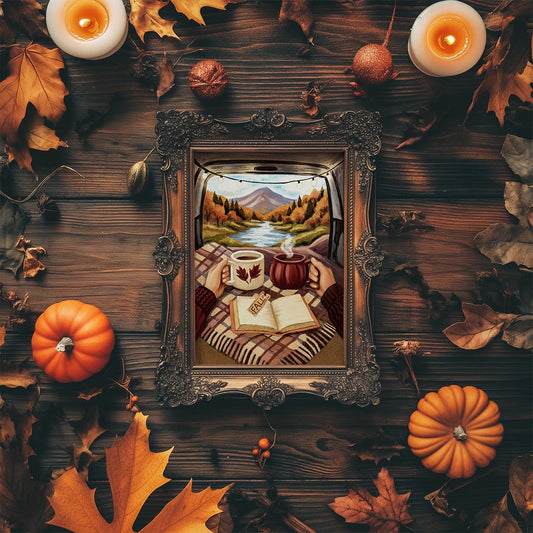 Affiche ou carte – Vue d’automne depuis un van & lecture à deux - La Papet' Littéraire