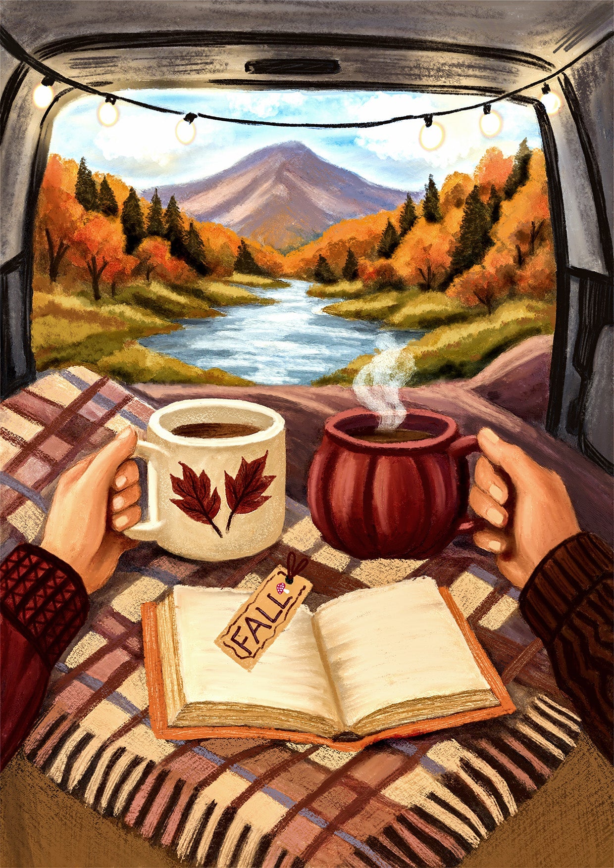 Affiche ou carte – Vue d’automne depuis un van & lecture à deux - La Papet' Littéraire