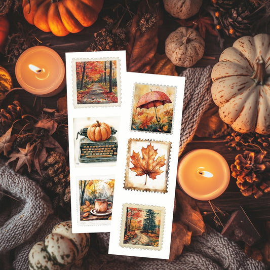 Duo de marque - pages automne façon timbre – Illustrations feuilles, café et chemins forestiers - La Papet' Littéraire