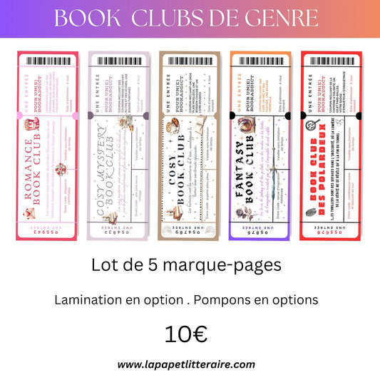 Lot de 5 marque - pages Book Clubs – Genres littéraires : romance, cosy mystery, fantasy, polar - La Papet' Littéraire