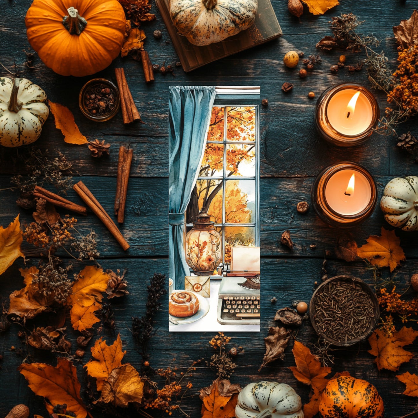 Marque-page Écrivain d’automne – Scène cosy à la fenêtre