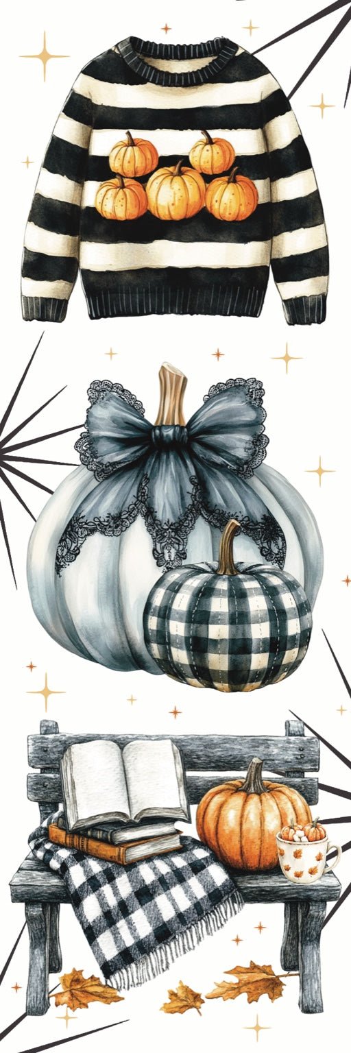 Marque - page automne gothique – Pull rayé et citrouilles noires - La Papet' Littéraire