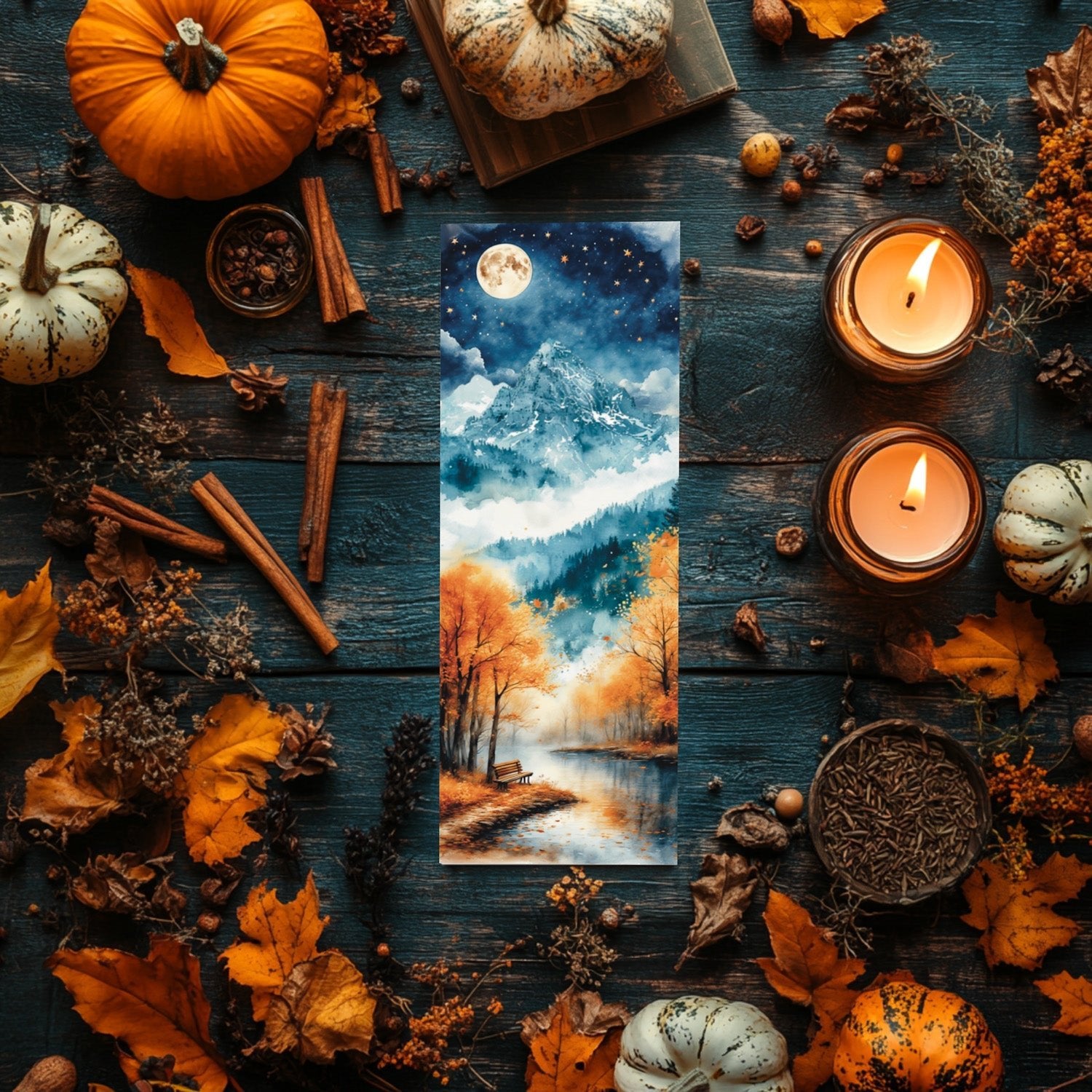 Marque - page nuit étoilée d’automne – Banc, montagne et rivière sous la lune - La Papet' Littéraire
