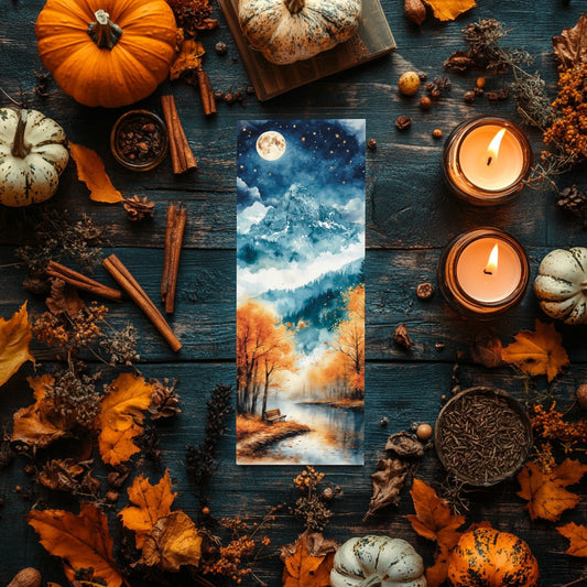 Marque - page nuit étoilée d’automne – Banc, montagne et rivière sous la lune - La Papet' Littéraire