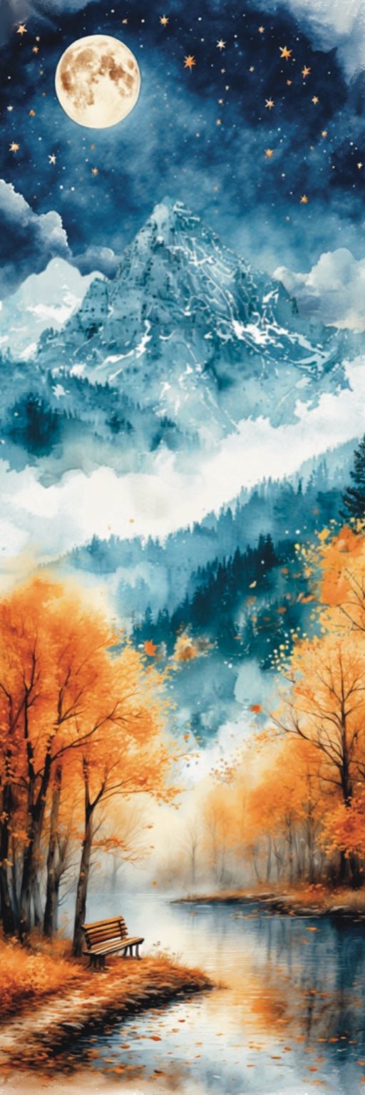 Marque - page nuit étoilée d’automne – Banc, montagne et rivière sous la lune - La Papet' Littéraire