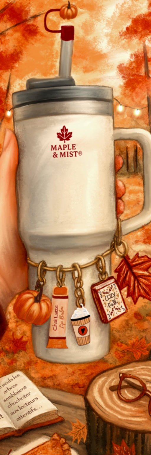Marque - page Quencher Stanley d’automne – Tasse Maple & Mist et breloques livres - La Papet' Littéraire