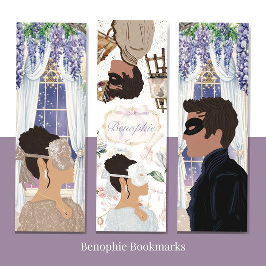 Lot de trois marque-pages illustrant Benedict Bridgerton et Sophie Baek au bal masqué, décor de glycines mauves et fenêtres de salle de bal.