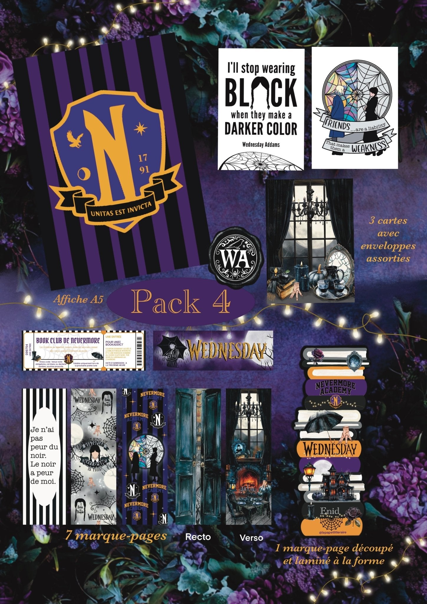 Pack Collector Wednesday Addams – 8 marque - pages + 3 cartes + affiche A5 - La Papet' Littéraire