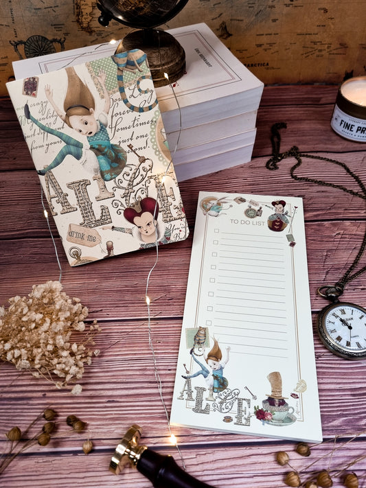 Set Alice aux Pays des Merveilles : Carnet A6 et Bloc To-Do List
